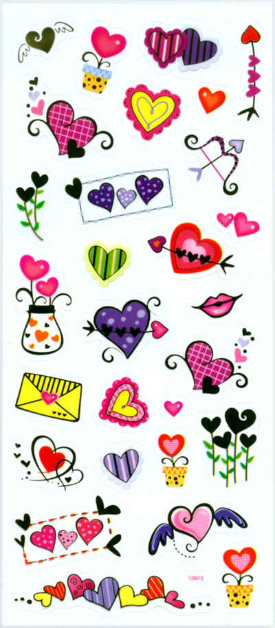 Striped hearts, spotted hearts, hearts as flowers, hearts on an envelope, 